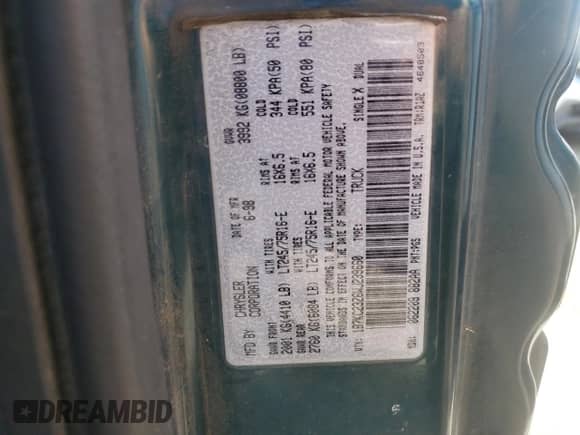 1998 Dodge 2500 с VIN 1B7KC23Z6WJ239660, выставлен на аукционе Copart как лот 66521915 с пробегом 229 295 миль миль и Списание • Salvage title. История ставок и продаж доступна на DreamBid. Изображение 12.