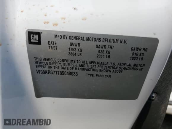 2008 Saturn Astra XE with VIN W08AR671785048033, listed as a Copart auction lot 67806505 with 225,639 mi miles and Salvage title. Bid and sale history available at DreamBid. Image 12.