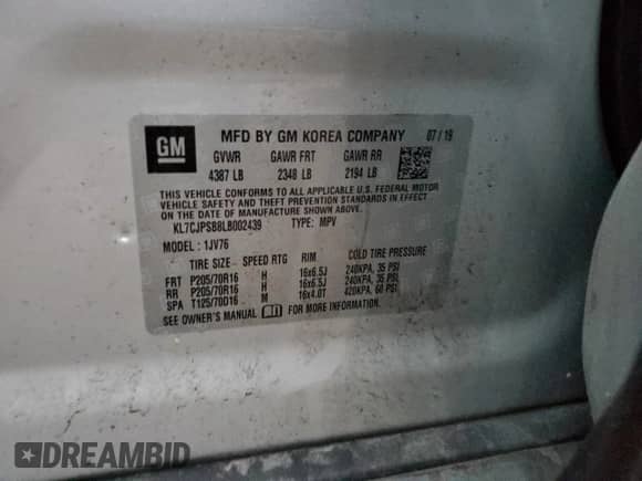 2020 Chevrolet Trax LT with VIN KL7CJPSB8LB002439, listed as a Copart auction lot 81654165 with 21,293 mi miles and Clean title. Bid and sale history available at DreamBid. Image 13.