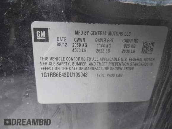2013 Chevrolet Volt с VIN 1G1RB6E43DU109043, выставлен на аукционе IAAI как лот 43188646 с пробегом 192 407 миль миль и . История ставок и продаж доступна на DreamBid. Изображение 9.