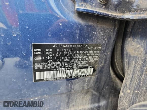 2022 Subaru Ascent Touring with VIN 4S4WMARD9N3422683, listed as a Copart auction lot 58132935 with 58,943 mi miles and Salvage title. Bid and sale history available at DreamBid. Image 12.