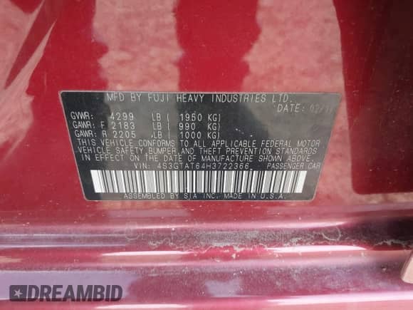 2017 Subaru Impreza Limited with VIN 4S3GTAT64H3722366, listed as a IAAI auction lot 42064542 with 130,316 mi miles and . Bid and sale history available at DreamBid. Image 9.