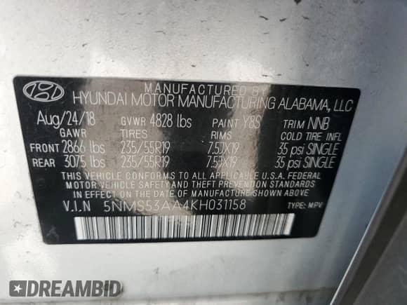 2019 Hyundai Santa Fe Ultimate с VIN 5NMS53AA4KH031158, выставлен на аукционе Copart как лот 69902175 с пробегом 134 912 миль миль и Чистый • Clean title. История ставок и продаж доступна на DreamBid. Изображение 12.