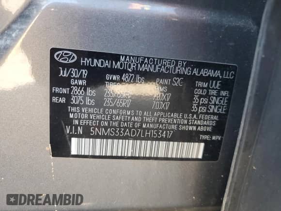 2020 Hyundai Santa Fe SEL с VIN 5NMS33AD7LH153417, выставлен на аукционе Copart как лот 66184545 с пробегом 58 653 миль миль и Списание • Salvage title. История ставок и продаж доступна на DreamBid. Изображение 14.