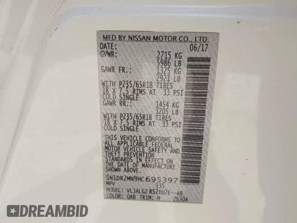 2017 Nissan Pathfinder S with VIN 5N1DR2MN9HC695397, listed as a IAAI auction lot 42619243 with 137,681 mi miles and . Bid and sale history available at DreamBid. Image 9.