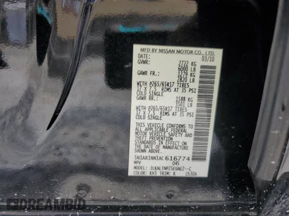 2010 Nissan Pathfinder SE with VIN 5N1AR1NN1AC616774, listed as a Copart auction lot 62059785 with 233,733 mi miles and Salvage title. Bid and sale history available at DreamBid. Image 14.