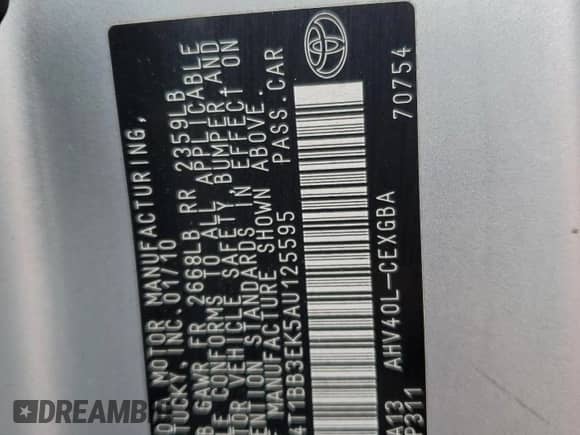 2010 Toyota Camry with VIN 4T1BB3EK5AU125595, listed as a Copart auction lot 80890885 with 171,206 mi miles and Salvage title. Bid and sale history available at DreamBid. Image 12.