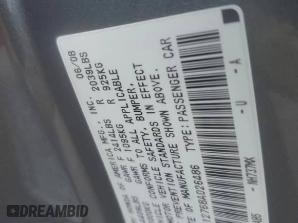 2008 Honda Accord EX с VIN 1HGCS12768A026486, выставлен на аукционе Copart как лот 59851125 с пробегом 173 098 миль миль и Списание • Salvage title. История ставок и продаж доступна на DreamBid. Изображение 12.