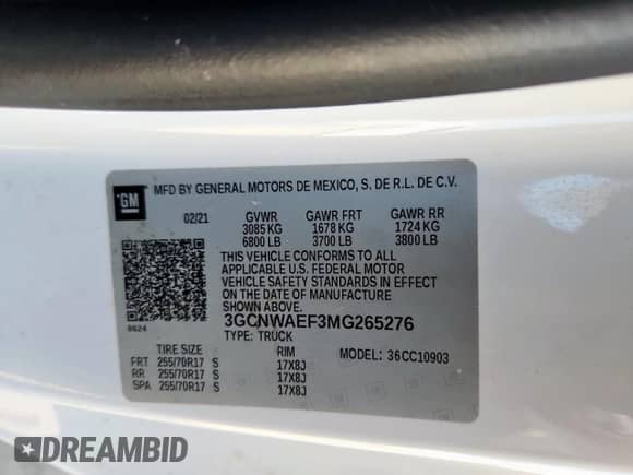 2021 Chevrolet Silverado 1500 Work Truck with VIN 3GCNWAEF3MG265276, listed as a Copart auction lot 81212835 with 168,386 mi miles and Clean title. Bid and sale history available at DreamBid. Image 13.