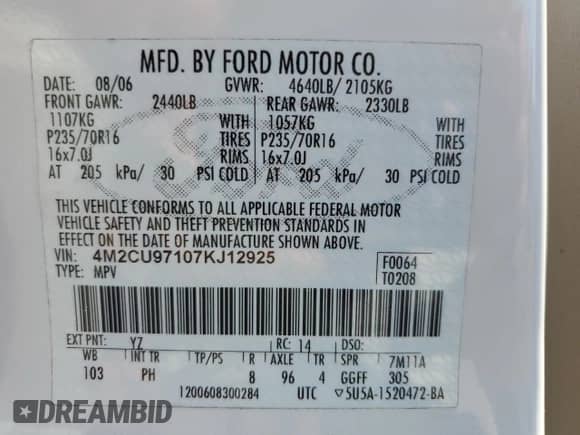 2007 Mercury Mariner Premier with VIN 4M2CU97107KJ12925, listed as a Copart auction lot 62371895 with 141,576 mi miles and Salvage title. Bid and sale history available at DreamBid. Image 14.