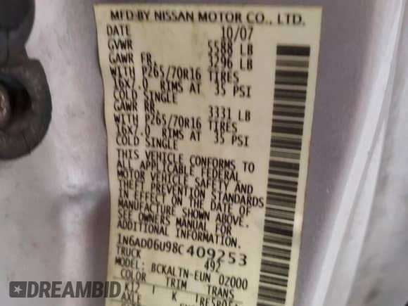 2008 Nissan Frontier SE with VIN 1N6AD06U98C409253, listed as a Copart auction lot 67015825 with 81,393 mi miles and Clean title. Bid and sale history available at DreamBid. Image 12.