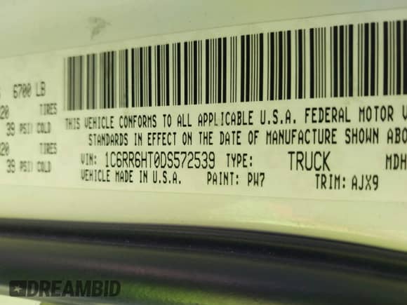 2013 Ram 1500 Sport with VIN 1C6RR6HT0DS572539, listed as a IAAI auction lot 41393426 with 207,746 mi miles and . Bid and sale history available at DreamBid. Image 9.
