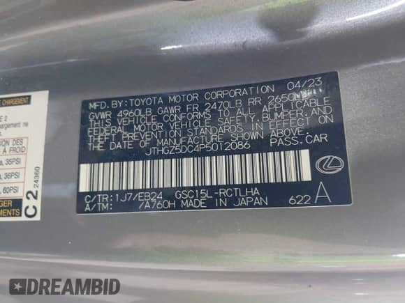 2023 Lexus RC 350 F Sport with VIN JTHGZ5DC4P5012086, listed as a IAAI auction lot 42596850 with 28,643 mi miles and . Bid and sale history available at DreamBid. Image 9.