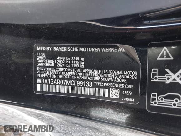 2021 BMW 4 Series M440i xDrive с VIN WBA13AR07MCF99133, выставлен на аукционе IAAI как лот 41532804 с пробегом 14 983 миль миль и . История ставок и продаж доступна на DreamBid. Изображение 9.