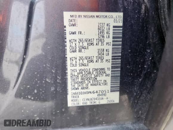 2023 Nissan Frontier S with VIN 1N6ED1EK0PN647051, listed as a Copart auction lot 62260455 with 58,902 mi miles and Salvage title. Bid and sale history available at DreamBid. Image 12.