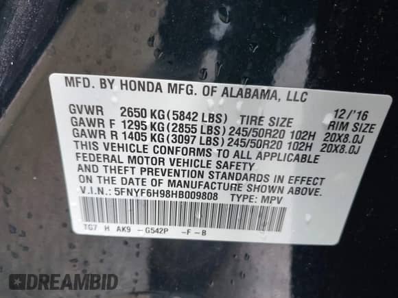 2017 Honda Pilot Touring с VIN 5FNYF6H98HB009808, выставлен на аукционе IAAI как лот 43073936 с пробегом 133 745 миль миль и . История ставок и продаж доступна на DreamBid. Изображение 9.