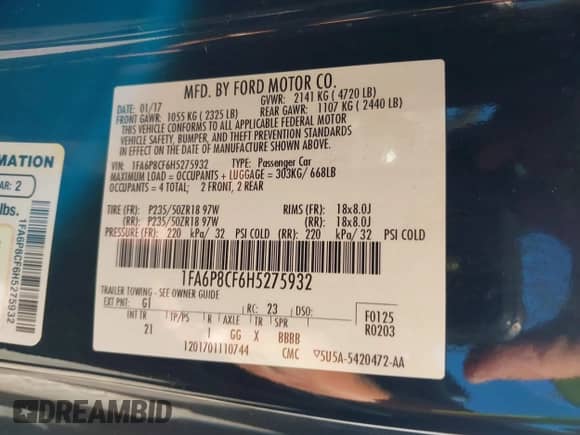 2017 Ford Mustang GT z VIN 1FA6P8CF6H5275932, wystawiony jako IAAI lot #42812292 z przebiegiem 62 411 mil mil oraz . Historia ofert i sprzedaży dostępna na DreamBid. Obrazek 9.