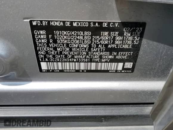 2023 Honda HR-V LX z VIN 3CZRZ2H34PM733581, wystawiony jako Copart lot #68426505 z przebiegiem Nie podano mil oraz Czysty tytuł • Clean title. Historia ofert i sprzedaży dostępna na DreamBid. Obrazek 12.