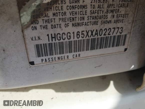 1999 Honda Accord EX with VIN 1HGCG165XXA022773, listed as a IAAI auction lot 43295768 with 294,333 mi miles and . Bid and sale history available at DreamBid. Image 9.