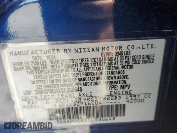 2025 Nissan Kicks SV с VIN 3N8AP6CAXSL330648, выставлен на аукционе Copart как лот 82157595 с пробегом Не указан миль и Списание • Salvage title. История ставок и продаж доступна на DreamBid. Изображение 12.