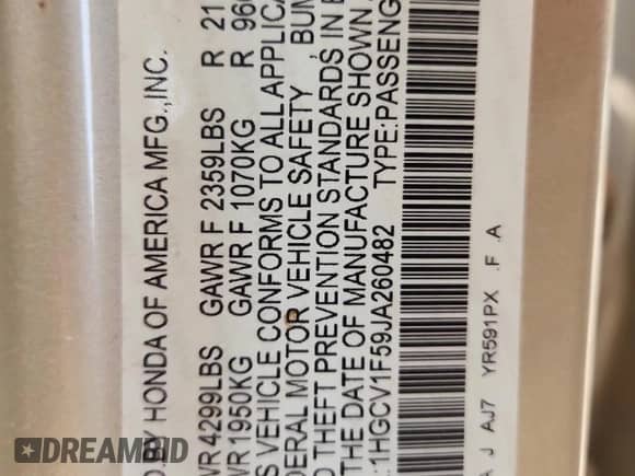 2018 Honda Accord EX-L with VIN 1HGCV1F59JA260482, listed as a Copart auction lot 80185685 with 109,348 mi miles and Salvage title. Bid and sale history available at DreamBid. Image 12.