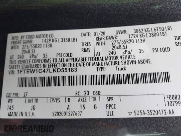 2020 Ford F-150 XL with VIN 1FTEW1C47LKD55183, listed as a IAAI auction lot 41689782 with 67,715 mi miles and . Bid and sale history available at DreamBid. Image 9.