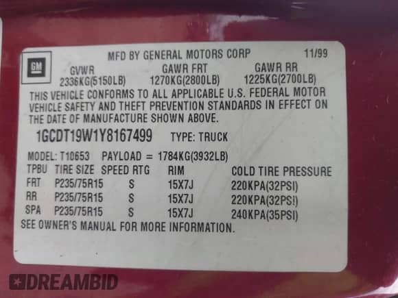 2000 Chevrolet S-10 LS с VIN 1GCDT19W1Y8167499, выставлен на аукционе IAAI как лот 42113196 с пробегом 177 058 миль миль и . История ставок и продаж доступна на DreamBid. Изображение 9.