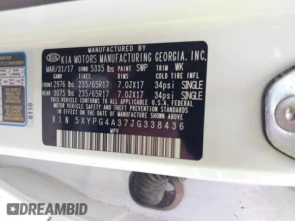 2018 Kia Sorento L with VIN 5XYPG4A37JG338436, listed as a IAAI auction lot 42684379 with Not provided miles and . Bid and sale history available at DreamBid. Image 9.