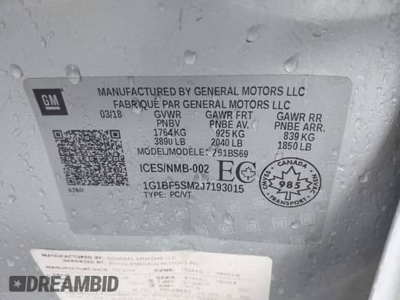 2018 Chevrolet Cruze Premier с VIN 1G1BF5SM2J7193015, выставлен на аукционе IAAI как лот 42244141 с пробегом 138 945 миль миль и . История ставок и продаж доступна на DreamBid. Изображение 9.