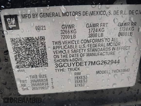 2021 Chevrolet Silverado 1500 LT with VIN 3GCUYDET7MG262944, listed as a IAAI auction lot 43181058 with 61,251 mi miles and . Bid and sale history available at DreamBid. Image 9.