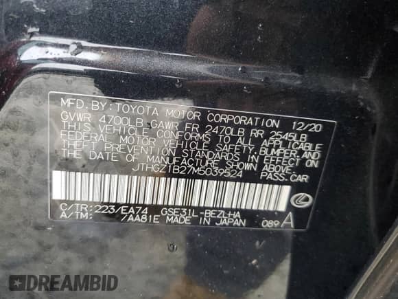 2021 Lexus IS 350 F Sport with VIN JTHGZ1B27M5039524, listed as a Copart auction lot 85511625 with 37,678 mi miles and Salvage title. Bid and sale history available at DreamBid. Image 12.