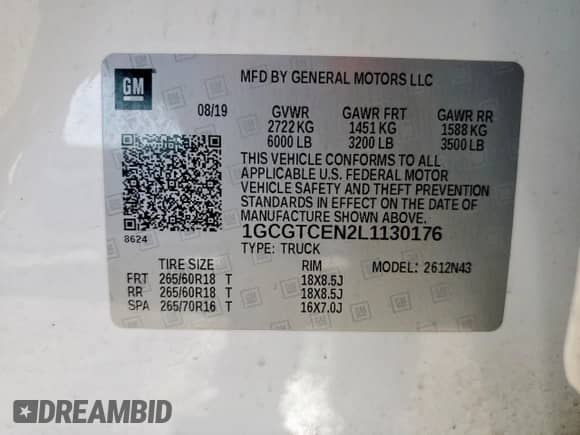 2020 Chevrolet Colorado 4WD LT with VIN 1GCGTCEN2L1130176, listed as a Copart auction lot 65253355 with 211,649 mi miles and Clean title. Bid and sale history available at DreamBid. Image 13.