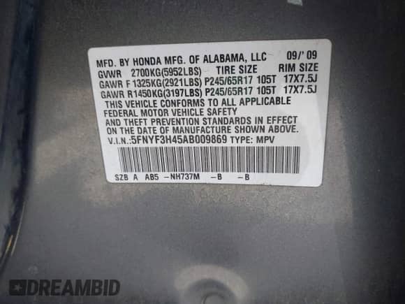 2010 Honda Pilot EX with VIN 5FNYF3H45AB009869, listed as a IAAI auction lot 43361816 with 192,805 mi miles and . Bid and sale history available at DreamBid. Image 9.