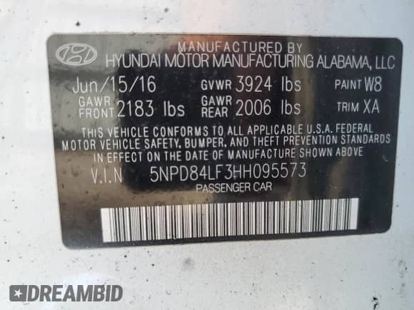 2017 Hyundai Elantra Limited with VIN 5NPD84LF3HH095573, listed as a Copart auction lot 71977635 with Not provided miles and Salvage title. Bid and sale history available at DreamBid. Image 12.