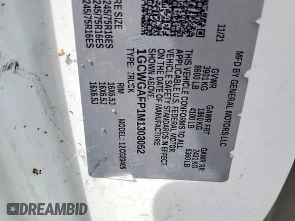 2021 Chevrolet Express Cargo with VIN 1GCWGAFP1M1308052, listed as a Copart auction lot 81656165 with 90,054 mi miles and Salvage title. Bid and sale history available at DreamBid. Image 12.