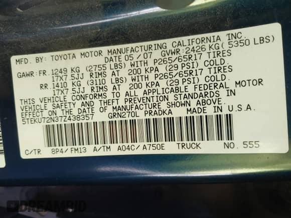 2007 Toyota Tacoma PreRunner z VIN 5TEKU72N37Z438357, wystawiony jako IAAI lot #43549022 z przebiegiem 185 868 mil mil oraz . Historia ofert i sprzedaży dostępna na DreamBid. Obrazek 9.