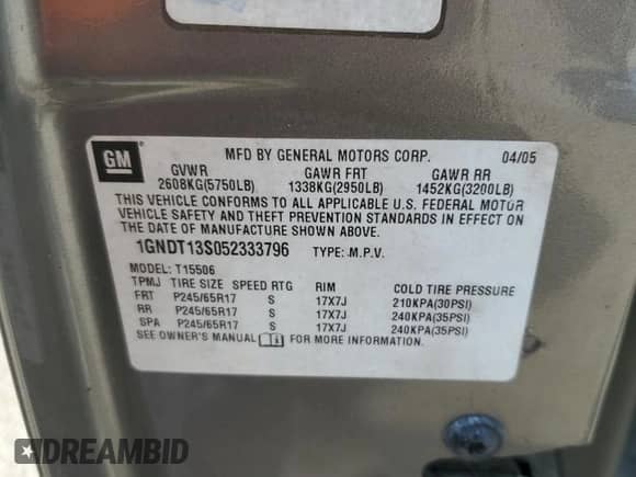 2005 Chevrolet TrailBlazer LT с VIN 1GNDT13S052333796, выставлен на аукционе Copart как лот 71474165 с пробегом 186 871 миль миль и Списание • Salvage title. История ставок и продаж доступна на DreamBid. Изображение 13.