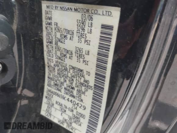 2006 Nissan Frontier SE with VIN 1N6AD06U36C440429, listed as a IAAI auction lot 42265012 with Not provided miles and . Bid and sale history available at DreamBid. Image 9.