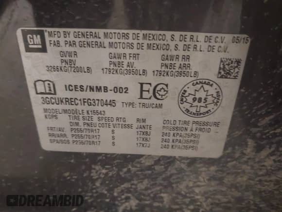 2015 Chevrolet Silverado 1500 LT with VIN 3GCUKREC1FG370445, listed as a IAAI auction lot 42789096 with 138,602 mi miles and . Bid and sale history available at DreamBid. Image 9.