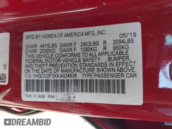 2019 Honda Accord Sport with VIN 1HGCV2F3XKA024638, listed as a IAAI auction lot 42934450 with 88,636 mi miles and . Bid and sale history available at DreamBid. Image 9.