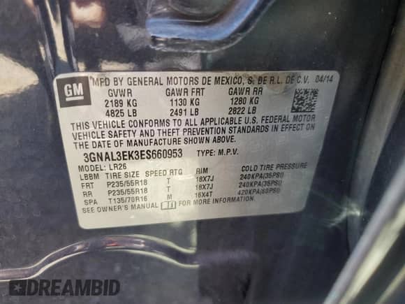 2014 Chevrolet Captiva Sport LT z VIN 3GNAL3EK3ES660953, wystawiony jako Copart lot #75322574 z przebiegiem Nie podano mil oraz Szkoda całkowita • Salvage title. Historia ofert i sprzedaży dostępna na DreamBid. Obrazek 13.