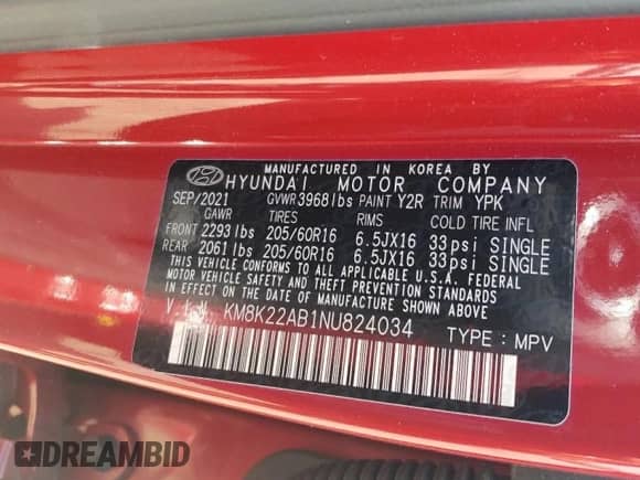 2022 Hyundai Kona SE с VIN KM8K22AB1NU824034, выставлен на аукционе Copart как лот 69736495 с пробегом 41 737 миль миль и Списание • Salvage title. История ставок и продаж доступна на DreamBid. Изображение 12.