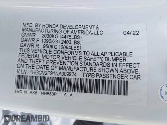 2022 Honda Accord Touring с VIN 1HGCV2F91NA009924, выставлен на аукционе IAAI как лот 43495964 с пробегом 52 357 миль миль и . История ставок и продаж доступна на DreamBid. Изображение 9.