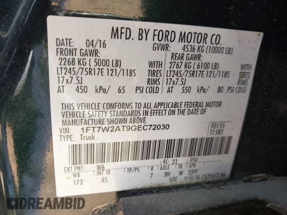 2016 Ford F-250 XL with VIN 1FT7W2AT9GEC72030, listed as a IAAI auction lot 42058392 with Not provided miles and . Bid and sale history available at DreamBid. Image 9.