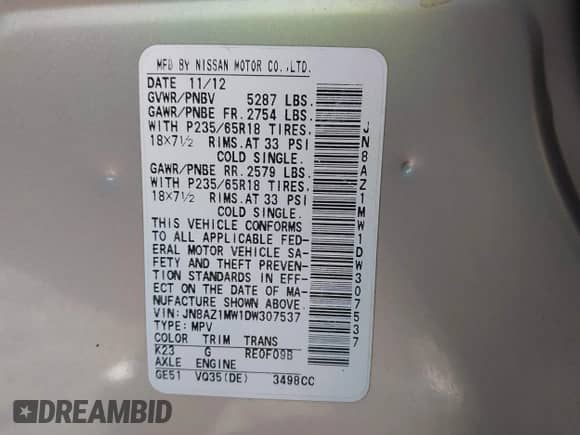 2013 Nissan Murano SL with VIN JN8AZ1MW1DW307537, listed as a IAAI auction lot 41635886 with 151,028 mi miles and . Bid and sale history available at DreamBid. Image 9.