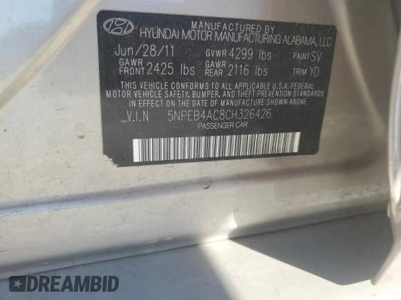 2012 Hyundai Sonata GLS z VIN 5NPEB4AC8CH326426, wystawiony jako Copart lot #86336225 z przebiegiem 112 623 mil mil oraz Szkoda całkowita • Salvage title. Historia ofert i sprzedaży dostępna na DreamBid. Obrazek 12.