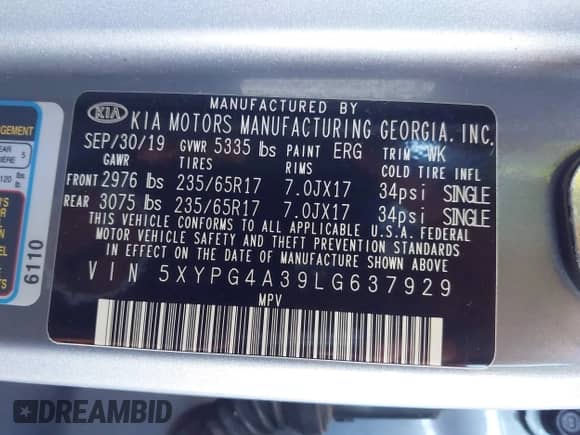 2020 Kia Sorento LX with VIN 5XYPG4A39LG637929, listed as a IAAI auction lot 43288548 with 52,165 mi miles and . Bid and sale history available at DreamBid. Image 9.