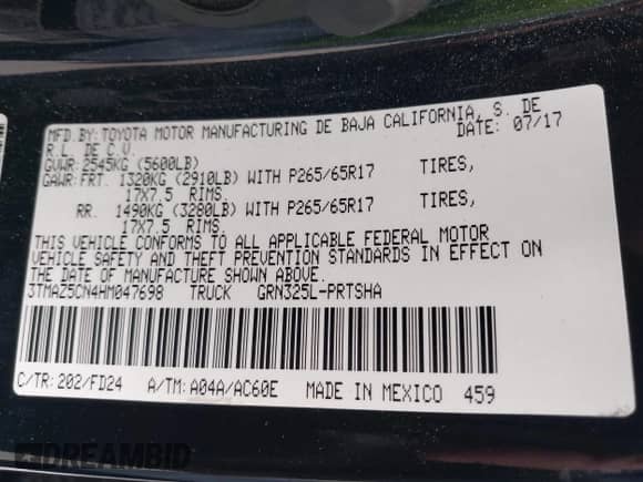 2017 Toyota Tacoma SR5 with VIN 3TMAZ5CN4HM047698, listed as a IAAI auction lot 42465382 with 132,297 mi miles and . Bid and sale history available at DreamBid. Image 9.
