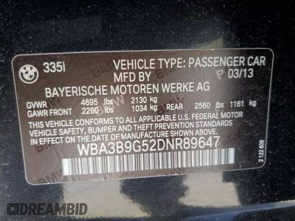 2013 BMW 3 Series 335i xDrive z VIN WBA3B9G52DNR89647, wystawiony jako Copart lot #54180315 z przebiegiem 184 216 mil mil oraz Czysty tytuł • Clean title. Historia ofert i sprzedaży dostępna na DreamBid. Obrazek 12.