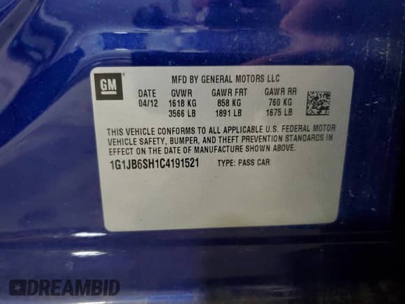 2012 Chevrolet Sonic LS with VIN 1G1JB6SH1C4191521, listed as a Copart auction lot 71214214 with 83,910 mi miles and Salvage title. Bid and sale history available at DreamBid. Image 13.